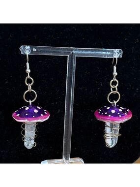 Purple Mushroom Quartz Crystal Dangle Earrings